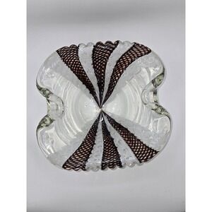 Murano Art Glass Ashtray Bowl Dish Brown White Black Latticino 6.5"‎